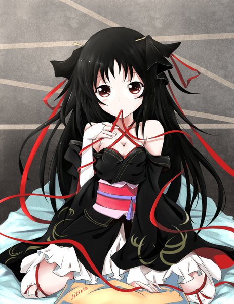 Anime picture 2362x3070 with machine-doll wa kizutsukanai yaya (machine-doll) litsvn single long hair tall image looking at viewer blush fringe highres breasts black hair sitting bare shoulders holding brown eyes cleavage traditional clothes no shoes mouth hold