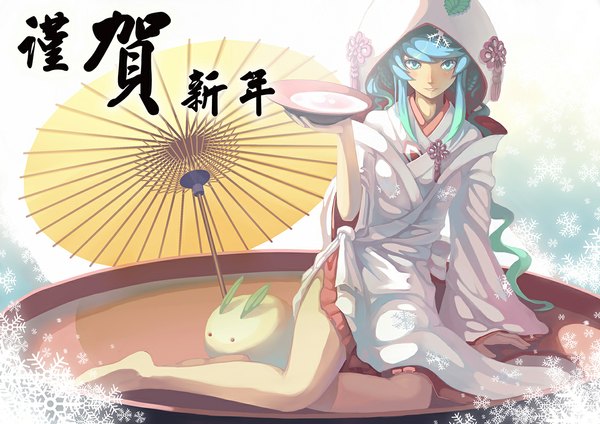 Anime picture 1169x827 with vocaloid hatsune miku yuki miku yuki miku (2013) madyy single long hair looking at viewer traditional clothes aqua eyes aqua hair new year nengajou girl umbrella alcohol sake sakazuki snow rabbit