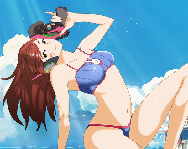 Anime picture 1500x1191 with overwatch blizzard entertainment d.va (overwatch) shugo19 single long hair looking at viewer light erotic smile brown hair bare shoulders brown eyes sky cloud (clouds) sunlight arm support bare legs bare belly facial mark arched back