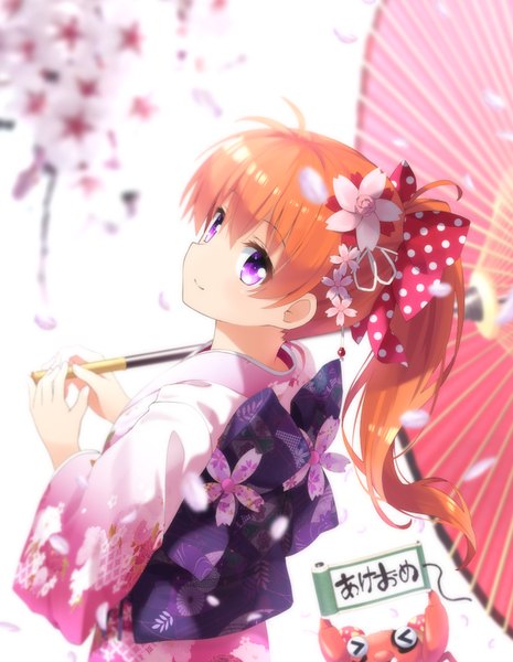 Anime picture 629x811 with pokemon gekkan shoujo nozaki-kun nintendo doga kobo sakura chiyo paras haribote (tarao) single long hair tall image looking at viewer ponytail traditional clothes japanese clothes orange hair cherry blossoms turning head floral print alternate hairstyle gen 1 pokemon