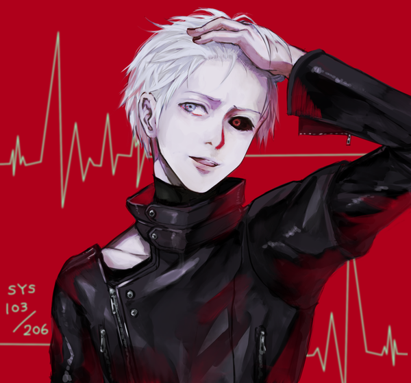 Anime picture 1607x1498 with tokyo ghoul tokyo ghoul:re studio pierrot kaneki ken xino single short hair looking away white hair long sleeves parted lips fingernails inscription hand on head red background licking pointing black sclera boy tongue