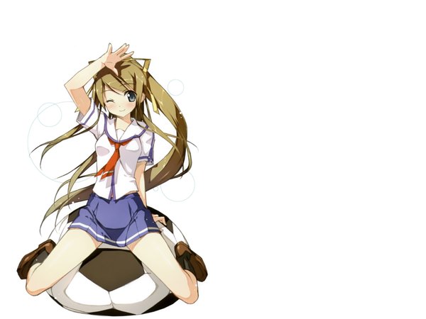 Anime picture 2000x1500 with single long hair highres blue eyes brown hair white background very long hair football girl skirt uniform school uniform ball