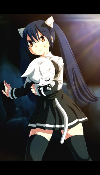 Anime picture 2750x4772 with fairy tail wendy marvell charle (fairy tail) ironizer long hair tall image highres black hair twintails yellow eyes eyes closed sunlight coloring letterboxed sunbeam girl thighhighs dress black thighhighs animal