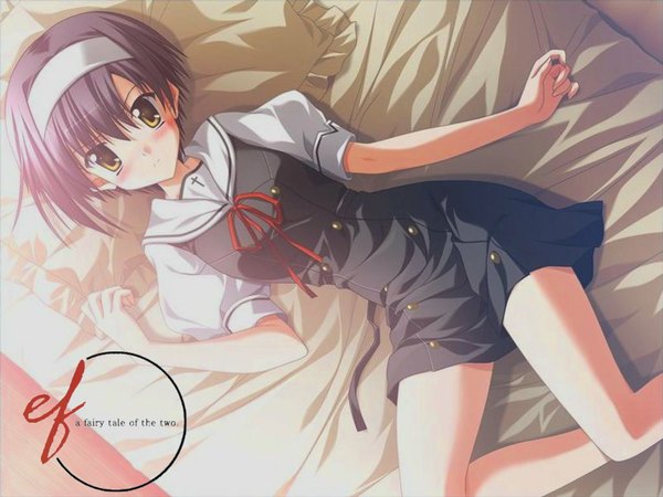 Anime picture 1024x768 with ef shaft (studio) shindou kei blush lying wallpaper uniform school uniform hairband bed