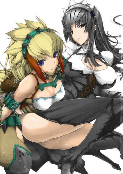 Anime picture 1410x2000 with monster hunter kirin (armor) perrin9028 (artist) long hair tall image looking at viewer short hair breasts light erotic black hair simple background blonde hair large breasts white background purple eyes bare shoulders multiple girls cleavage black eyes wet