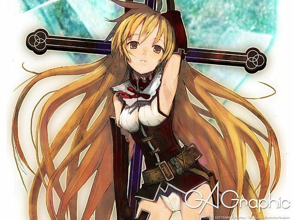 Anime picture 1024x768 with gagraphic gunpom single long hair looking at viewer blonde hair brown eyes girl ribbon (ribbons) belt cross