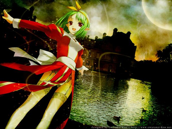 Anime picture 1024x768 with ragnarok online high priest rokuwata tomoe owaranai kiss (sygnet) single short hair open mouth smile pink eyes green hair wind pointy ears inscription third-party edit gloom girl thighhighs ribbon (ribbons) hair ribbon