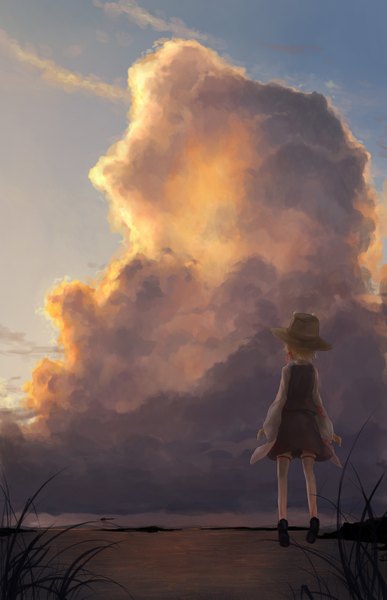 Anime picture 1158x1795 with touhou moriya suwako yushika single tall image short hair blonde hair sky cloud (clouds) long sleeves back landscape river weightlessness no face girl thighhighs skirt plant (plants) hat