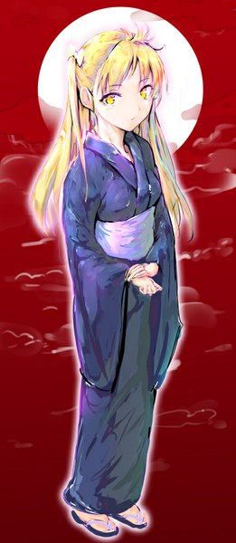 Anime picture 435x1000 with original iori (cpeilad) single long hair tall image looking at viewer fringe blonde hair yellow eyes sky cloud (clouds) traditional clothes japanese clothes red sky girl bow hair bow moon full moon yukata