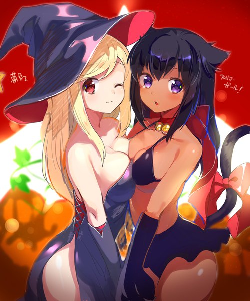 Anime picture 3415x4096 with original konbu wakame long hair tall image looking at viewer fringe highres breasts open mouth light erotic black hair blonde hair smile red eyes standing purple eyes bare shoulders multiple girls animal ears absurdres