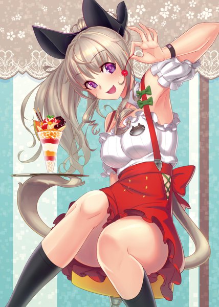 Anime picture 856x1200 with original noname (metaldragonfly) single long hair tall image looking at viewer blush fringe open mouth blonde hair smile sitting purple eyes bent knee (knees) ponytail tail head tilt :d animal tail armpit (armpits)