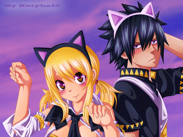 Anime picture 1522x1144 with fairy tail lucy heartfilia gray fullbuster katyha12 long hair blush short hair black hair blonde hair smile twintails purple eyes brown eyes animal ears sky cloud (clouds) cat ears coloring girl boy