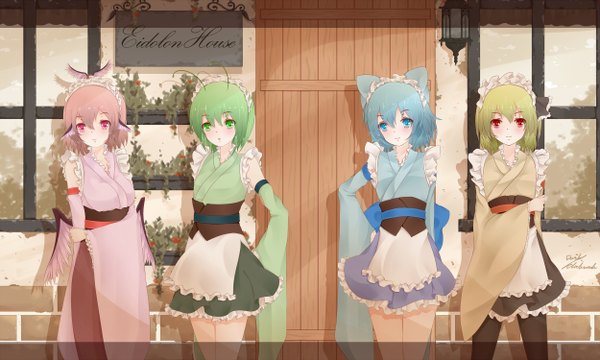 Anime picture 2500x1500 with touhou cirno rumia mystia lorelei wriggle nightbug dusk/dawn looking at viewer blush highres short hair blue eyes blonde hair red eyes wide image multiple girls green eyes blue hair pink hair pink eyes green hair