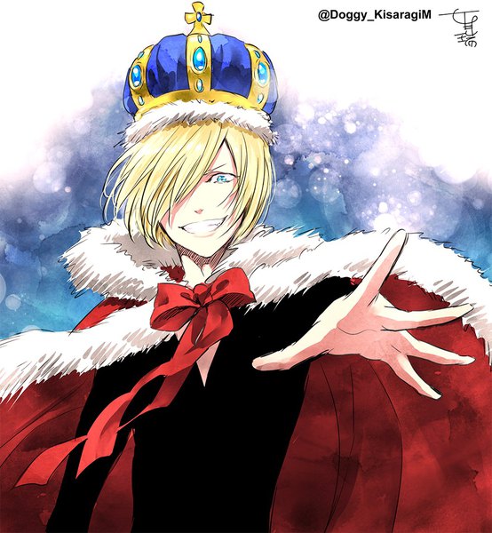 Anime picture 1062x1150 with yuri!!! on ice mappa yuri plisetsky kisaragi mizu single tall image looking at viewer fringe short hair blonde hair smile signed upper body aqua eyes hair over one eye fur trim grin outstretched arm watermark boy
