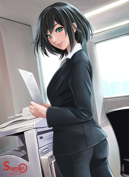 Anime picture 1407x1930 with original shamakho single tall image looking at viewer fringe short hair black hair smile holding green eyes signed indoors light girl suit paper