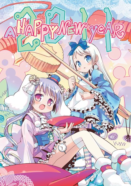 Anime picture 2889x4093 with bishojo eshi 50-nin amimi (artist) long hair tall image highres open mouth blue eyes standing sitting multiple girls purple hair white hair pink eyes happy new year 2011 girl thighhighs dress flower (flowers) bow