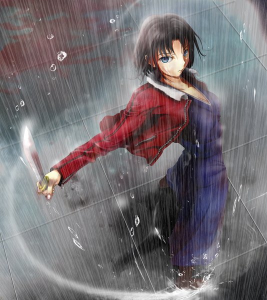 Anime picture 1778x2000 with kara no kyoukai type-moon ryougi shiki fe (12141978) single tall image highres short hair blue eyes black hair japanese clothes open clothes open jacket rain girl kimono blood knife