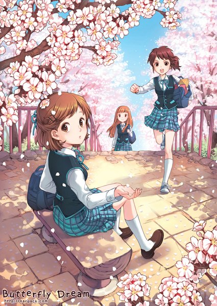 Anime picture 708x1000 with original nardack long hair tall image looking at viewer short hair open mouth brown hair multiple girls brown eyes cherry blossoms girl skirt uniform plant (plants) school uniform tree (trees) socks 3 girls white socks