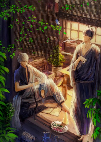Anime picture 810x1129 with gintama sunrise (studio) sakata gintoki hijikata toshiro 91 tall image fringe short hair smile standing sitting holding looking away silver hair purple hair bent knee (knees) traditional clothes japanese clothes barefoot wide sleeves