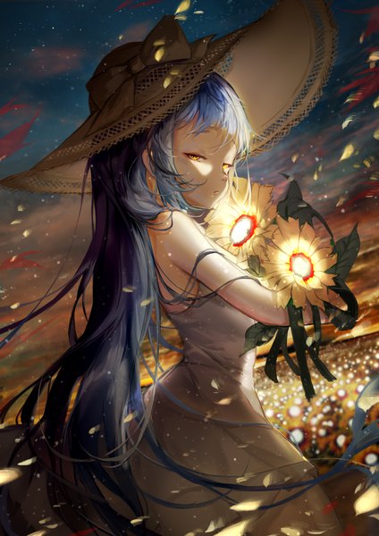 Anime picture 2480x3508 with original sa'yuki single tall image looking at viewer fringe highres bare shoulders holding yellow eyes blue hair sky cloud (clouds) outdoors very long hair wind sleeveless glowing evening sunset