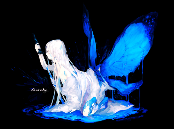 Anime picture 4070x3009 with original ozyako single long hair highres simple background holding absurdres white hair eyes closed traditional clothes japanese clothes barefoot kneeling black background insect wings white skin butterfly wings weapon sword