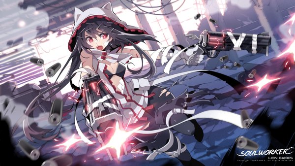 Anime picture 4000x2250 with soul worker iris yuma tagme (artist) single long hair highres open mouth black hair red eyes wide image animal ears absurdres cat ears official art girl gloves weapon earrings gun hood