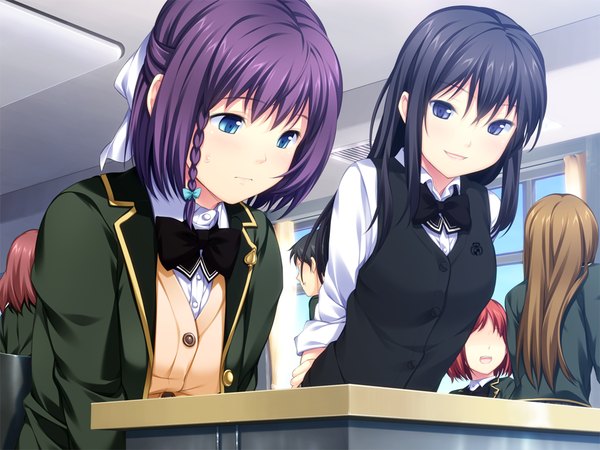 Anime picture 1024x768 with joker (game) oryou long hair short hair blue eyes black hair multiple girls game cg purple hair girl uniform 2 girls school uniform bowtie