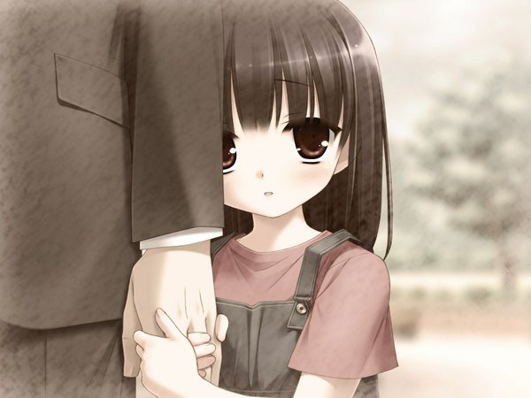 Anime picture 1600x1200 with natsu no ame segawa rikako kanekiyo miwa long hair looking at viewer blush fringe brown hair brown eyes game cg outdoors loli holding hands girl t-shirt suit