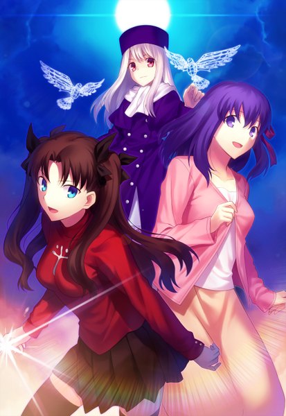 Anime picture 1908x2772 with fate (series) fate/stay night type-moon toosaka rin matou sakura illyasviel von einzbern fuyuki (neigedhiver) long hair tall image looking at viewer fringe highres open mouth blue eyes smile red eyes brown hair twintails purple eyes multiple girls