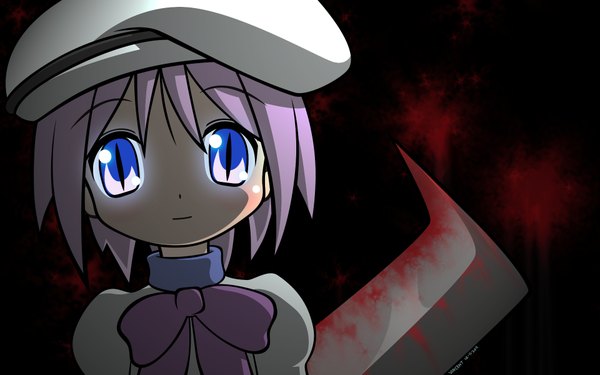 Anime picture 1920x1200 with lucky star higurashi no naku koro ni kyoto animation studio deen hiiragi tsukasa blush highres short hair blue eyes wide image purple hair black background cosplay parody girl weapon bowtie blood