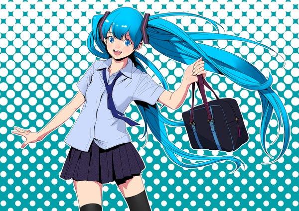 Anime picture 2047x1447 with vocaloid hatsune miku hitomi kazuya long hair looking at viewer highres open mouth blue eyes smile twintails blue hair girl thighhighs black thighhighs shirt serafuku necktie school bag