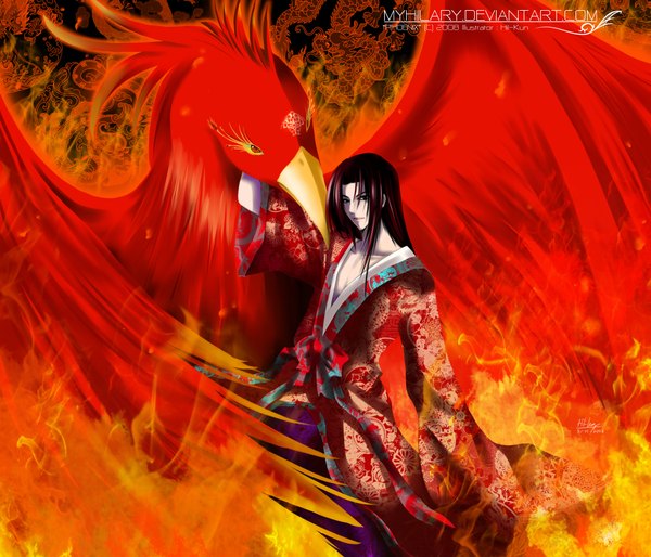 Anime picture 2100x1800 with myhilary single long hair highres blue eyes red eyes game cg red hair japanese clothes lips boy bow animal kimono bird (birds) fire phoenix