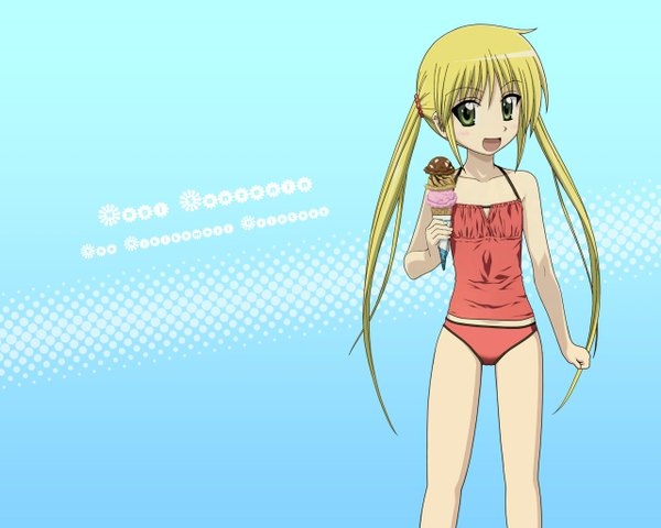 Anime picture 1280x1024 with hayate no gotoku! sanzenin nagi single long hair looking at viewer open mouth light erotic blonde hair smile standing twintails green eyes :d flat chest aqua background girl swimsuit food sweets hair tie