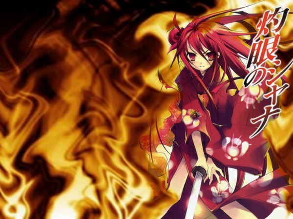 Anime picture 1600x1200 with shakugan no shana j.c. staff shana itou noiji single long hair looking at viewer red eyes red hair traditional clothes japanese clothes hair bun (hair buns) third-party edit girl weapon sword kimono