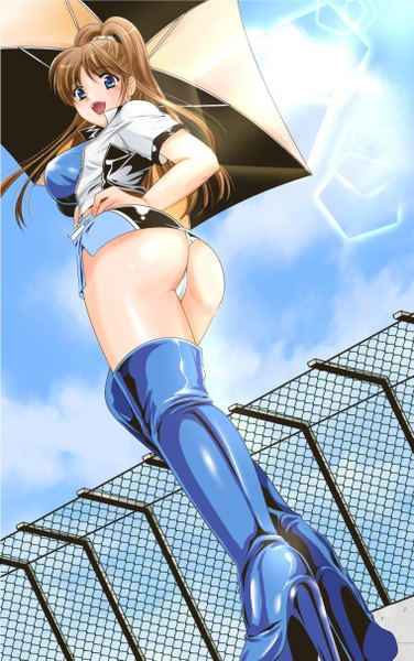 Anime picture 760x1211 with kusunoki rin single long hair tall image breasts open mouth blue eyes light erotic smile brown hair standing sky ass ponytail from below high heels hand on hip girl earrings boots