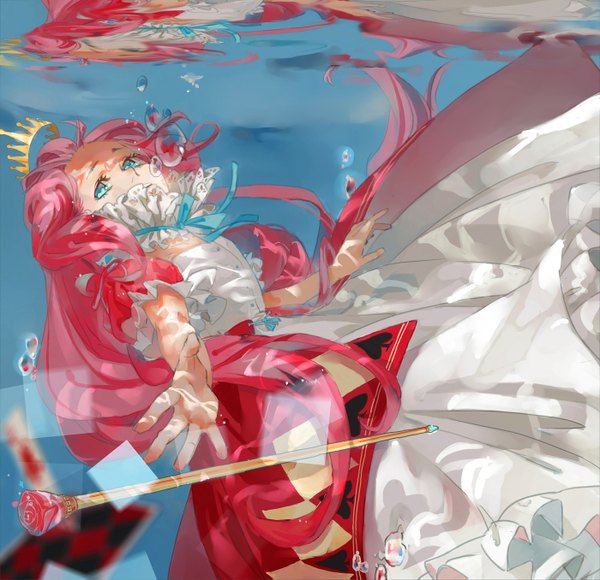 Anime picture 1400x1355 with alice in wonderland vocaloid megurine luka xiayu93 single long hair blue eyes pink hair aqua eyes reflection underwater girl dress water frills rose (roses) bubble (bubbles) staff crown lace