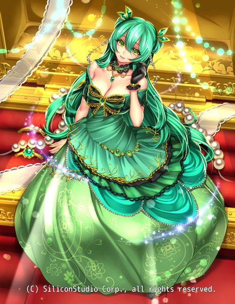 Anime picture 1000x1294 with original ryuki@maguro-ex single tall image looking at viewer green eyes cleavage very long hair green hair girl dress gloves hair ornament black gloves pendant