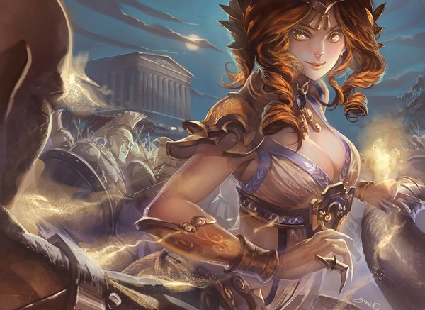 Anime picture 2055x1500 with league of legends cassiopeia (league of legends) akizero1510 zero1510 long hair highres breasts smile brown hair large breasts brown eyes looking away cleavage night night sky lipstick magic drill hair solo focus sand