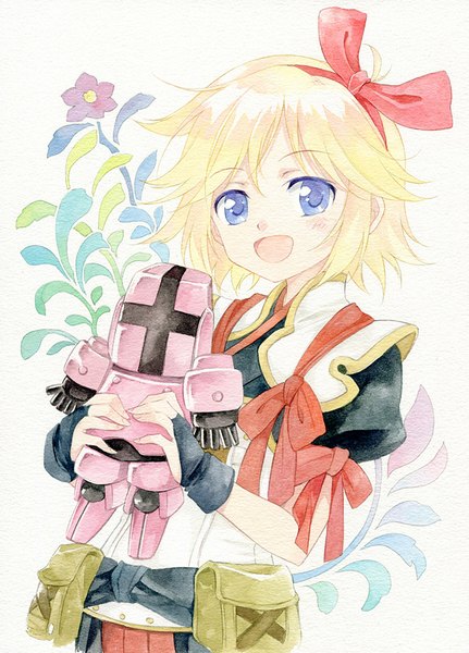 Anime picture 700x973 with rune factory elena (rune factory) agahari single tall image looking at viewer blush short hair open mouth blonde hair white background purple eyes traditional media watercolor (medium) girl bow hair bow toy robot fanny pack