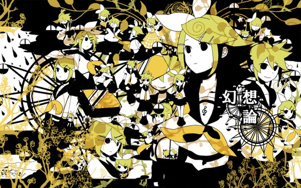 Anime picture 1280x800 with vocaloid kagamine rin kagamine len hashimochi blonde hair wide image chibi solid eyes girl hair ornament ribbon (ribbons) detached sleeves hairclip