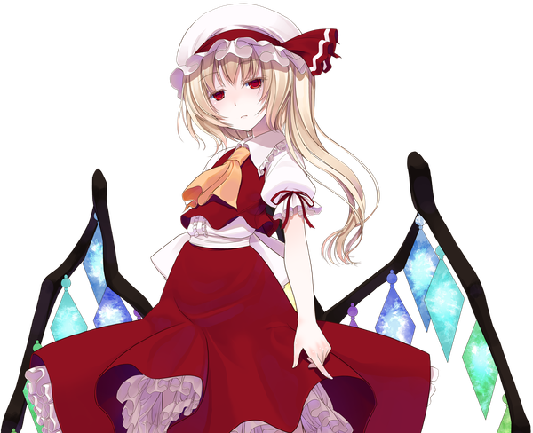 Anime picture 1615x1315 with touhou flandre scarlet crote single long hair looking at viewer blonde hair red eyes one side up transparent background girl dress skirt wings bonnet skirt set crystal