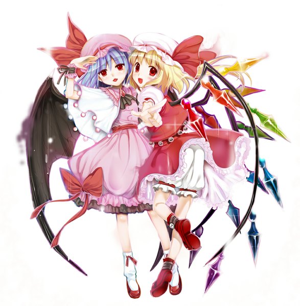 Anime picture 1000x1023 with touhou flandre scarlet remilia scarlet nanako lizu tall image blush short hair open mouth simple background blonde hair red eyes white background multiple girls blue hair girl dress bow 2 girls wings socks