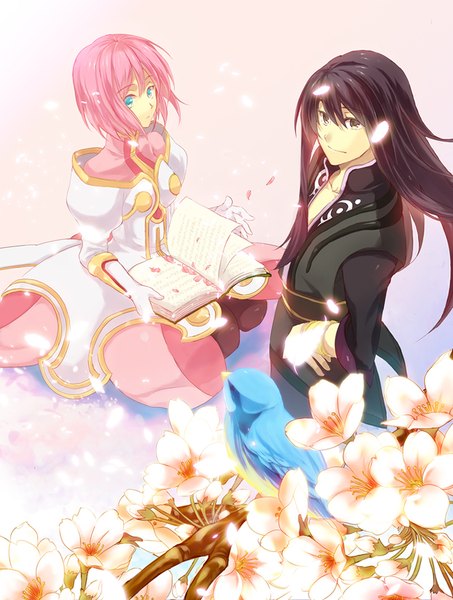 Anime picture 800x1059 with tales of (series) tales of vesperia yuri lowell estellise sidos heurassein sunege long hair tall image short hair blue eyes black hair simple background smile standing holding brown eyes payot looking away pink hair traditional clothes japanese clothes