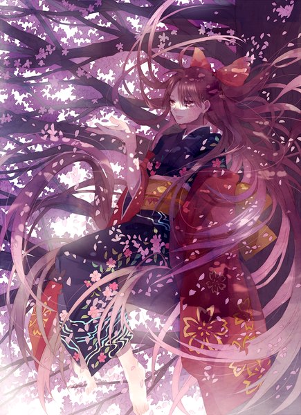 Anime picture 725x1000 with original tsukioka tsukiho single tall image brown hair brown eyes very long hair traditional clothes japanese clothes barefoot cherry blossoms girl bow plant (plants) hair bow petals tree (trees) kimono
