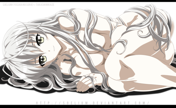 Anime picture 1803x1105 with yosuga no sora kasugano sora soelium single highres light erotic simple background smile wide image white background lying very long hair grey hair grey eyes coloring girl