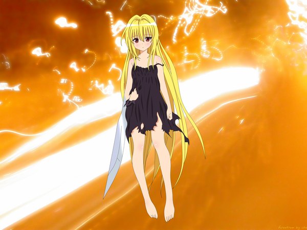 Anime picture 1600x1200 with toloveru toloveru darkness xebec konjiki no yami single long hair blonde hair red eyes bare shoulders very long hair torn clothes girl