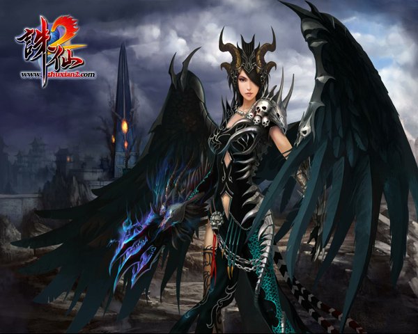 Anime picture 1280x1024 with zhu xian single long hair looking at viewer fringe black hair cloud (clouds) tail horn (horns) black eyes hair over one eye monster girl girl wings chain skull claws castle