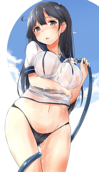 Anime picture 2000x3464 with kantai collection ushio destroyer saku (kudrove) single long hair tall image looking at viewer blush fringe highres breasts open mouth light erotic black hair large breasts standing holding brown eyes sky cloud (clouds)