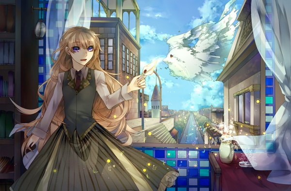 Anime picture 1500x988 with original matsunaka hiro long hair brown hair purple eyes sky street girl dress plant (plants) animal tree (trees) water necktie window bird (birds) building (buildings) letter