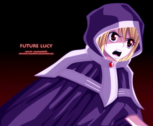 Anime picture 1000x821 with fairy tail lucy heartfilia seireiart single long hair open mouth blonde hair red eyes inscription sweat coloring dark background girl hood cloak